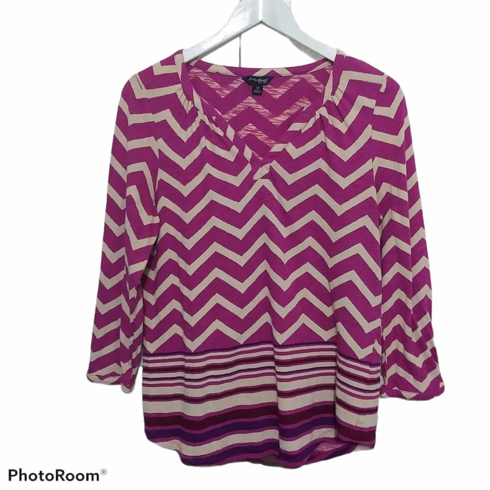 Lucky Brand Womens Magenta‎ Chevron V-Neck 3/4 Sleeve Cotton Modal Top Medium
